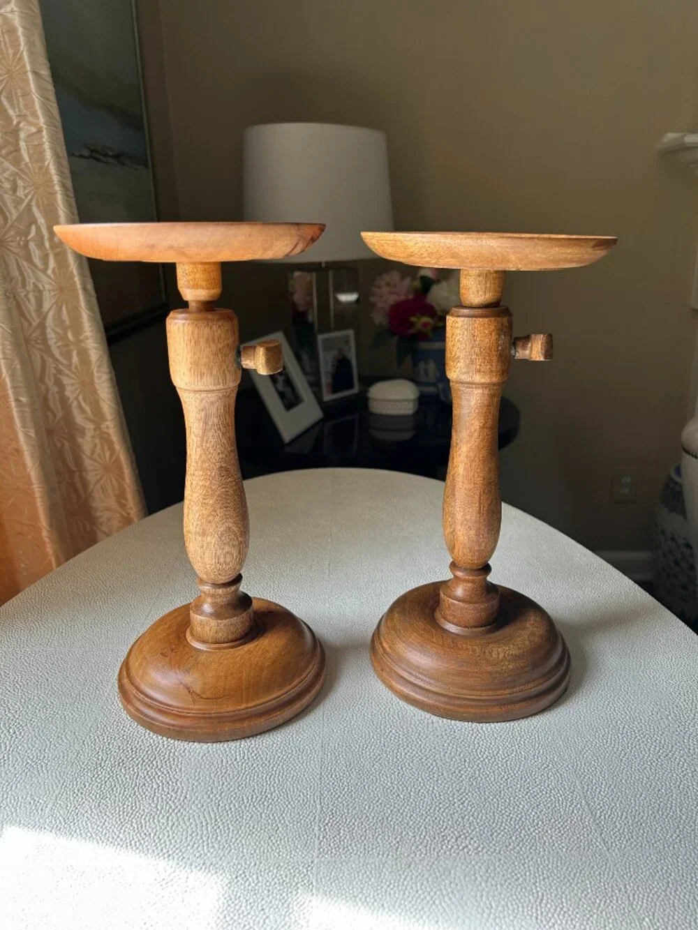 Williams Sonoma Antique Wood Pillar Candle Holders Adjustable, Pair, 12